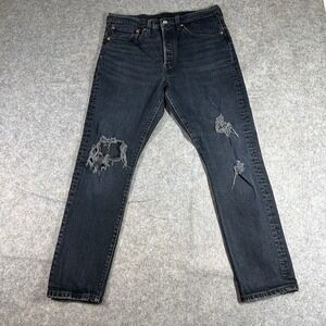 Levis Jeans Womens 30x28 Black Straight Premium 501 Dark Wash Distressed